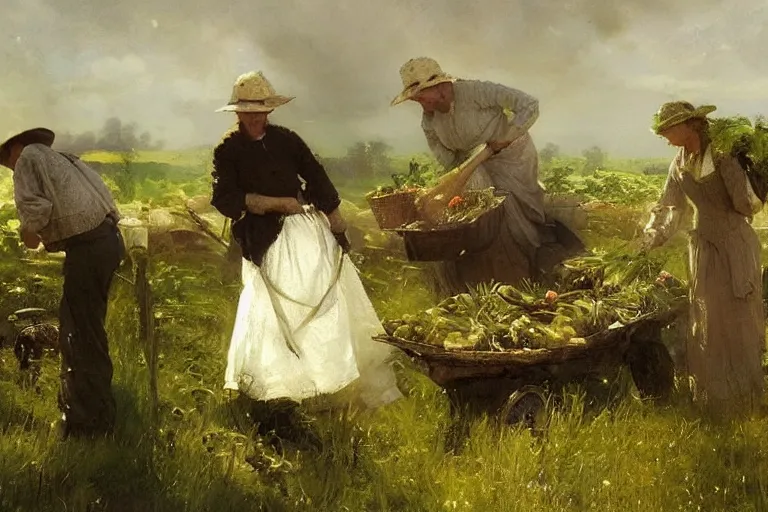 Image similar to simple amish farmers tending to their cottage vegetable gardens, art by anders zorn, wonderful masterpiece by greg rutkowski, beautiful cinematic light, american romanticism thomas lawrence, greg rutkowski