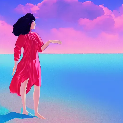 Image similar to beautiful vaporwave woman pondering the clouds on a beach, big clouds, beautiful day, digital art, illustration