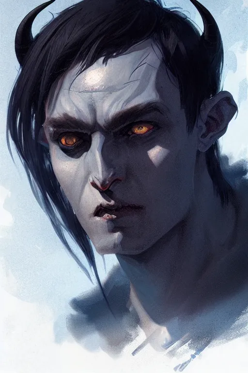 Image similar to character design portrait of a sad dark blue tiefling boy with horns and dark hair and pitch black hollow eyes by Greg Rutkowski