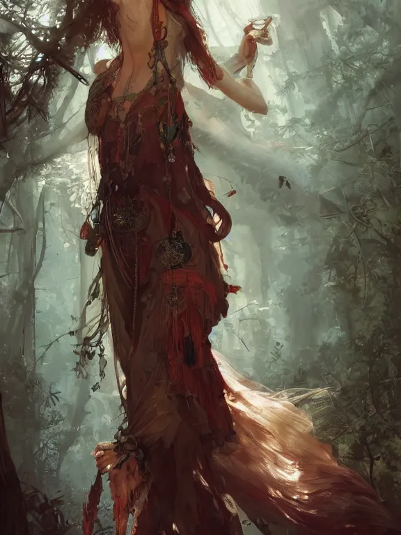 Prompt: Full view Bohemian Maiden Spirit of the woods in a beautiful dress, 4k digital illustration by Ruan Jia and Peter Mohrbacher, art nouveau iconography background, tarot card, stunning portrait, amazing magnificent mystical illustration, award winning art, vivid and vibrant, rim light, intricate details, realistic, full view, Artstation, CGsociety