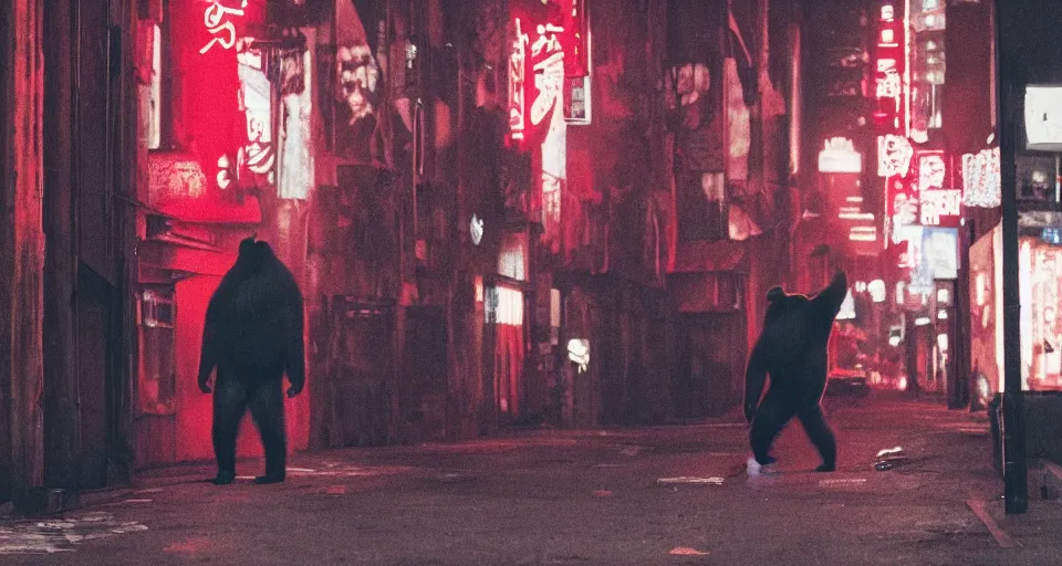 Image similar to gorilla wearing a red akira jacket, walking down a blade runner street, looking suspicious, by ash thorp