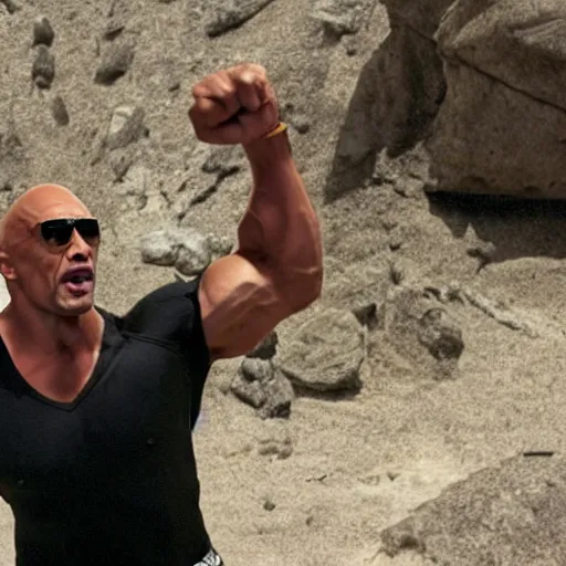 Prompt: photo of the rock flexing and yelling let's go!, bell visible in the background on his left, low perspective, isometric perspective, film scene