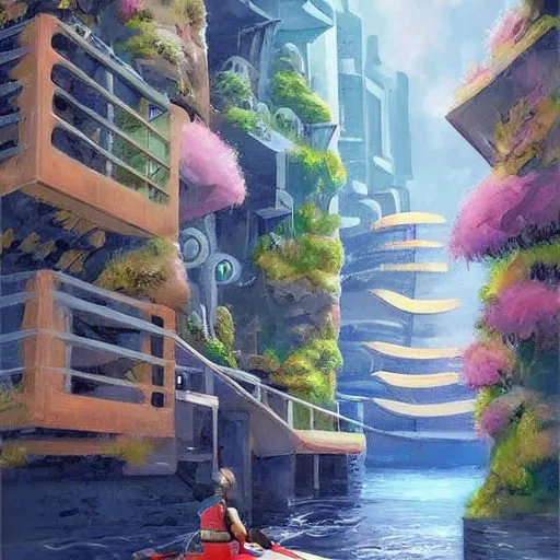 Prompt: Narrow cosy waterway in futuristic sci-fi city in harmony with nature, kayak. Nice colour scheme, soft warm colour. Beautiful detailed painting by Lurid. (2022)