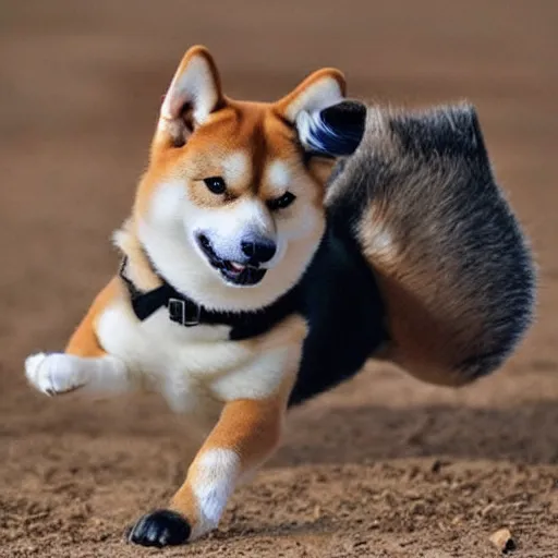 Image similar to shiba inu dog, baseball bat bonk, dog swinging bat 🐶 🏏