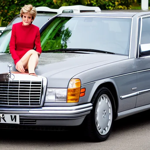 Image similar to award winning photograph of Princess Diana next to a silver Mercedes-Benz W140, Nikon D810, Sigma 35mm ƒ/2.5, award-winning, beautiful, photorealistic, detailed, portrait,