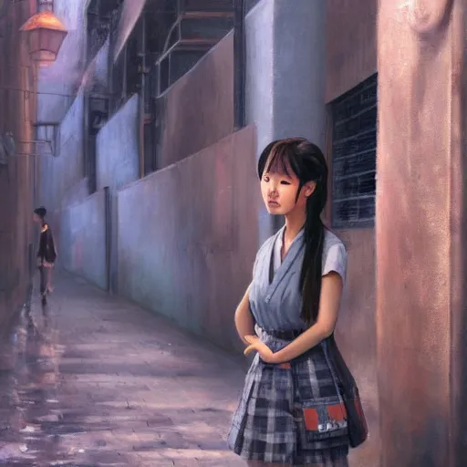 Image similar to a perfect, realistic professional oil painting of a Japanese schoolgirl posing in a dystopian alleyway, close-up, by a professional American senior artist on ArtStation, a high-quality hollywood-style concept