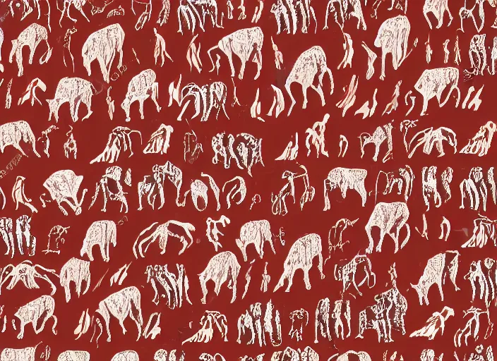 Prompt: painted pattern which figures of ancient hunters mammoths vw buses, rock cave painting, red ocher, finger painting