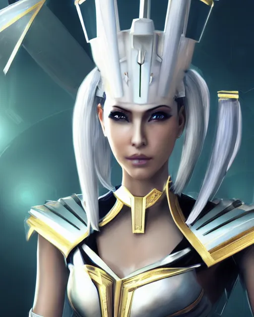 Image similar to perfect white haired attractive egyptian goddess, warframe armor, pharaoh headdress, beautiful, symmetric, dreamy, half asian, pretty face, green eyes, charlize theron, detailed, scifi platform, laboratory, experiment, 4 k, ultra realistic, epic lighting, android body, illuminated, cinematic, masterpiece, art by akihito tsukushi, voidstar