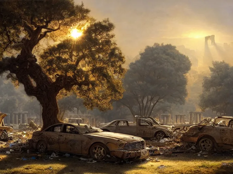 Image similar to oak tree growing in ancient greek ruins, many scrap cars, plastic waste, rubble, pillars, hyperrealistic, highly detailed, cinematic, single ray of golden sunlight, beautiful, cgssociety, artstation, 8 k, oil painting by greg rutkowski, by artgerm, by wlop