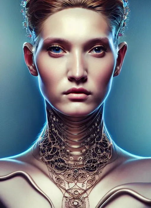 Image similar to a highly detailed photo of very intricate female face full - length portrait, futurism, rococo cyber tattoo lighting, detailed futuristic fibonacci jewelry, profile posing, hyper photorealistic, crispy quality, digital photography, trending in pinterest, cinematic, 4 k ultra hd, art by pascal blanche, art by greg rutkowski, art by artgerm,