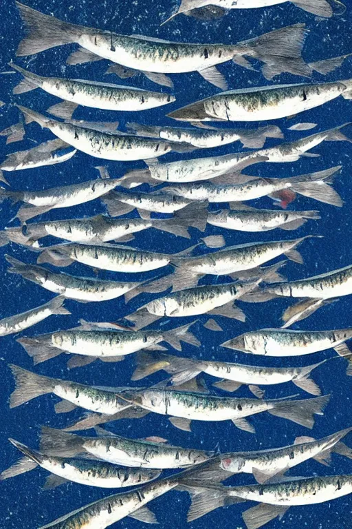 Image similar to a beautiful collage on paper of a school of mackerel, 8 k, frostbite 3 engine, cryengine, dof, trending on artstation, digital art by robert gibbings, crepuscular ray