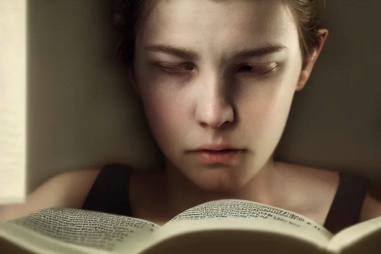 Image similar to an ultra realistic, cinematic, headshot portrait, of a girl reading a book, facial features, detailed, deep focus, movie still, dramatic lighting, ray tracing, by michal karcz and yoshitaka amano