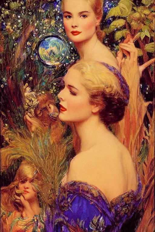 Prompt: A young and extremely beautiful Grace Kelly explaining the birds and the bees in the style of Gaston Bussière, art nouveau, art deco. Extremely lush detail. Night scene. Perfect composition and lighting. Surreal. A shaft of moonlight illuminates her.