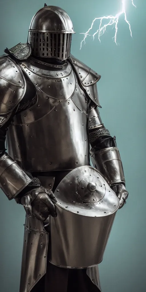 Prompt: Knight in Plate armour holding a canonical flask containing green liquid in his hand, dramatic lightning, 4k