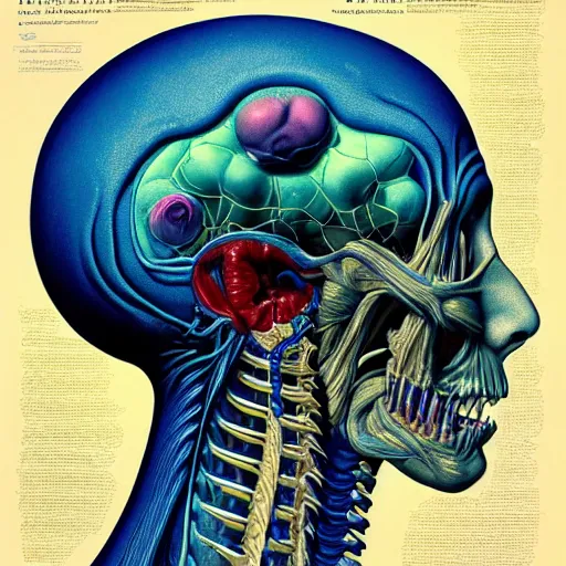 Image similar to nightmare etherreal iridescent vascular nerve bundles pearlescent spinal chord horror by Naoto Hattori, Zdzislaw, Norman Rockwell, Studio Ghibli, Anatomical cutaway