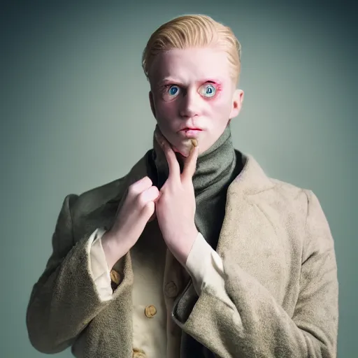 Image similar to a professional studio low - key lighting high contrast photography portrait of a young blonde blue eye man in an ornate vintage coat golden leafs, taking off horror mask, highly detailed mid shot dutch angle, volumetric lighting one source, gloaming eye whites portrait, poster, 4 k, award winning, canon, photo of the year, dalle 2 reference