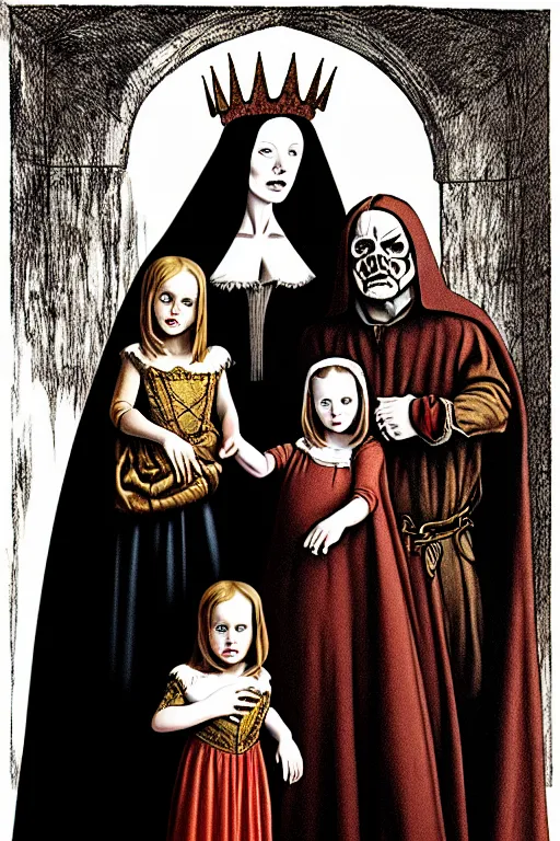 Image similar to renaissance style creepy family, wearing a crown and a cape, dark background, by richard corben