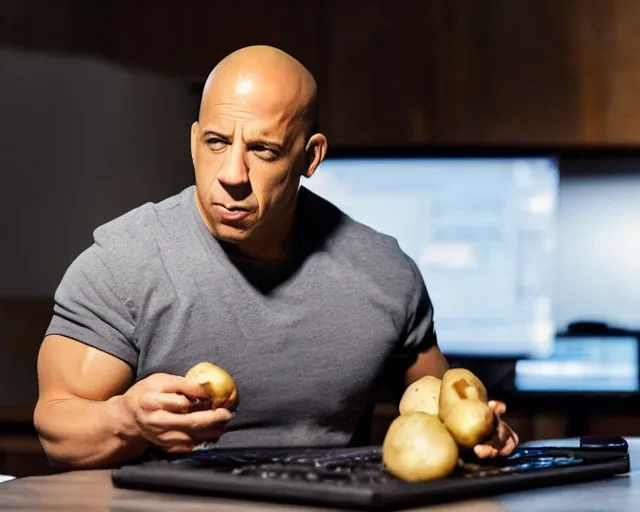 Prompt: photo still of vin diesel eatinf a potato on a computer, 8 k, live concert lighting, mid shot