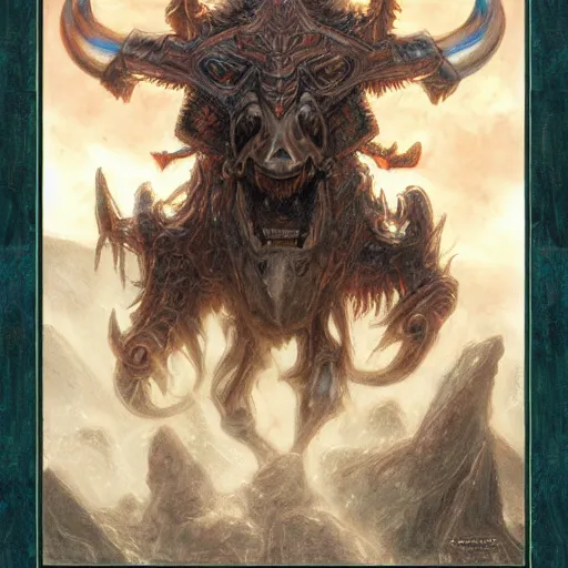 Image similar to The minotaur End-boss portrait art by Donato Giancola and Bayard Wu, digital art, trending on artstation