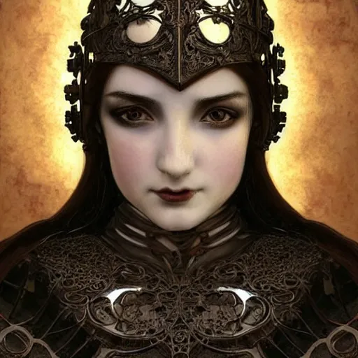 Image similar to beautiful victorian and luxury and goddess and gothic female medieval Black armor knight portrait+shiny eyes+front face with light flowing hair, ultradetail face, ruined gothic cathedral, art and illustration by tian zi and craig mullins and WLOP and alphonse mucha, ssci-fi, fantasy, intricate complexity, human structure, hypermaximalist, fantasy character concept, dynamic lighting, neon light, watermark, blurry, hyperrealism 8k