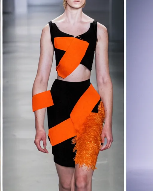 Prompt: multi panel storyboard of olivia wearing an outfit made of orange peels, runway model at new york fashion week, sporty physique, black hair, freckles, pale skin, half body portrait, photo by greg rutkowski, stage lighting, soft colors, female beauty, intricate detail, elegance, 3 5 mm, depth of field, masterpiece