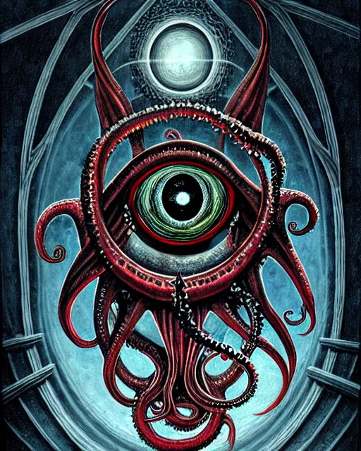 Prompt: photorealistic gothic witchcraft occult illuminate all seeing eye with tentacles, necronomicon, cosmic, by brom