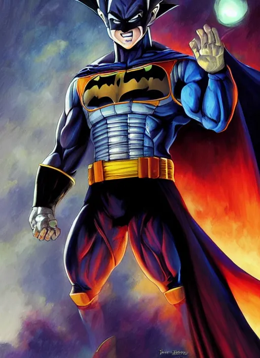 Prompt: vegeta as batman, digital art by eugene de blaas and ross tran, vibrant color scheme, highly detailed, in the style of romanticism, cinematic, artstation, greg rutkowski