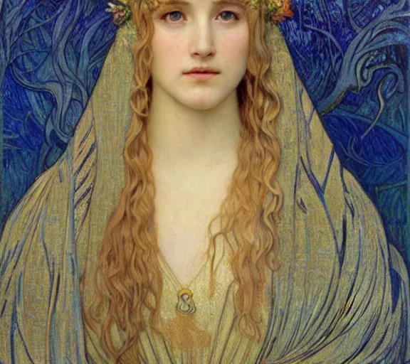 Image similar to detailed realistic beautiful young medieval queen face portrait by jean delville, alphonse mucha, vincent van gogh, and marco mazzoni, art nouveau, symbolist, visionary, gothic, pre - raphaelite