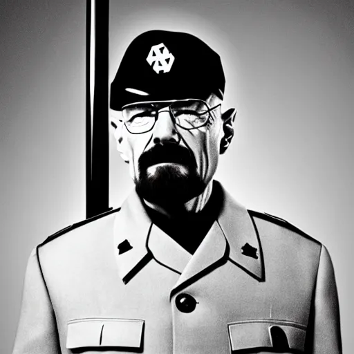 Prompt: walter white heisenberg as a nazi scientist military uniform black and white photo