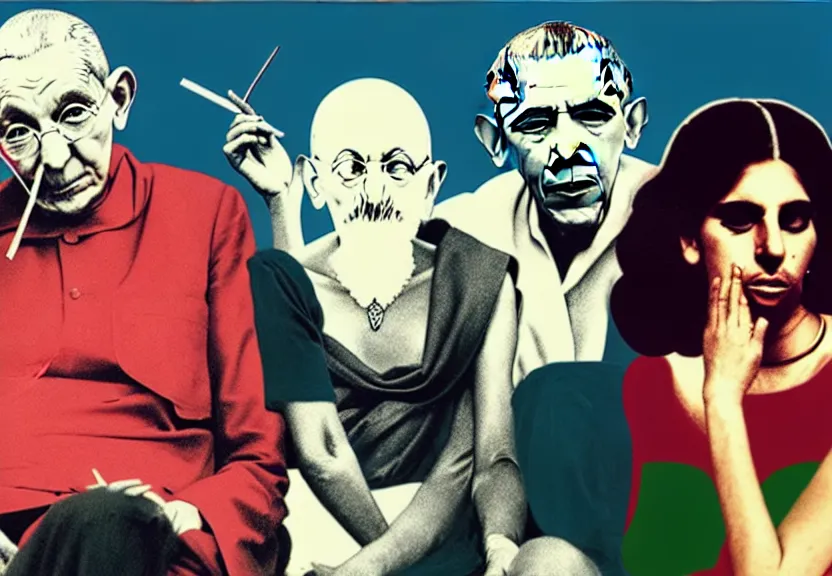 Prompt: Gandhi , Obama, Jesus, And Lady GaGa smoking a fat blunt on a sofa , photograph credit: AP, Andy Warhol, photograph, by Beeple