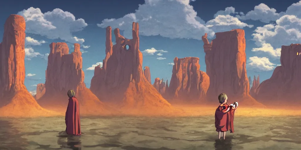 Image similar to a realistic cell - shaded studio ghibli concept art from paprika ( 2 0 0 6 ) of a flying intelligent dull mechanical octopus from close encounters of the third kind ( 1 9 7 7 ) in a flooded monument valley stonehenge. a monk in a robe is meditating in the foreground. very dull colors, wide shot, hd, 4 k, hq