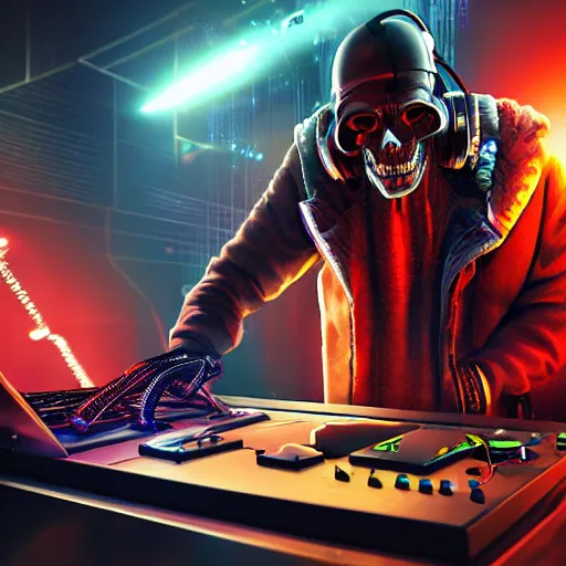 Image similar to cyberpunk skeleton with headphones playing synthesizer, smoke, lights, lasers, highly detailed, realistic, technology and magic,