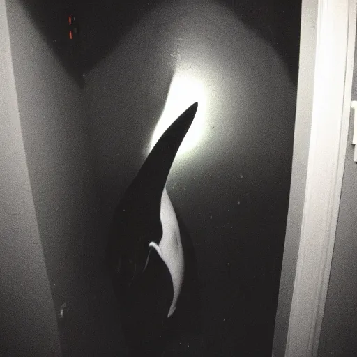 Prompt: grainy photo of an orca as a creepy monster in a closet, harsh flash