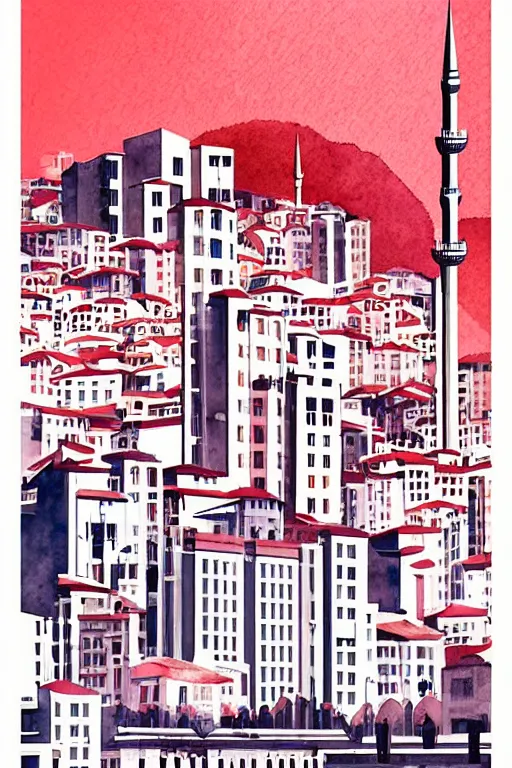 Image similar to minimalist colorful watercolor line art of istanbul, art deco, cityscape, matte drawing, poster art