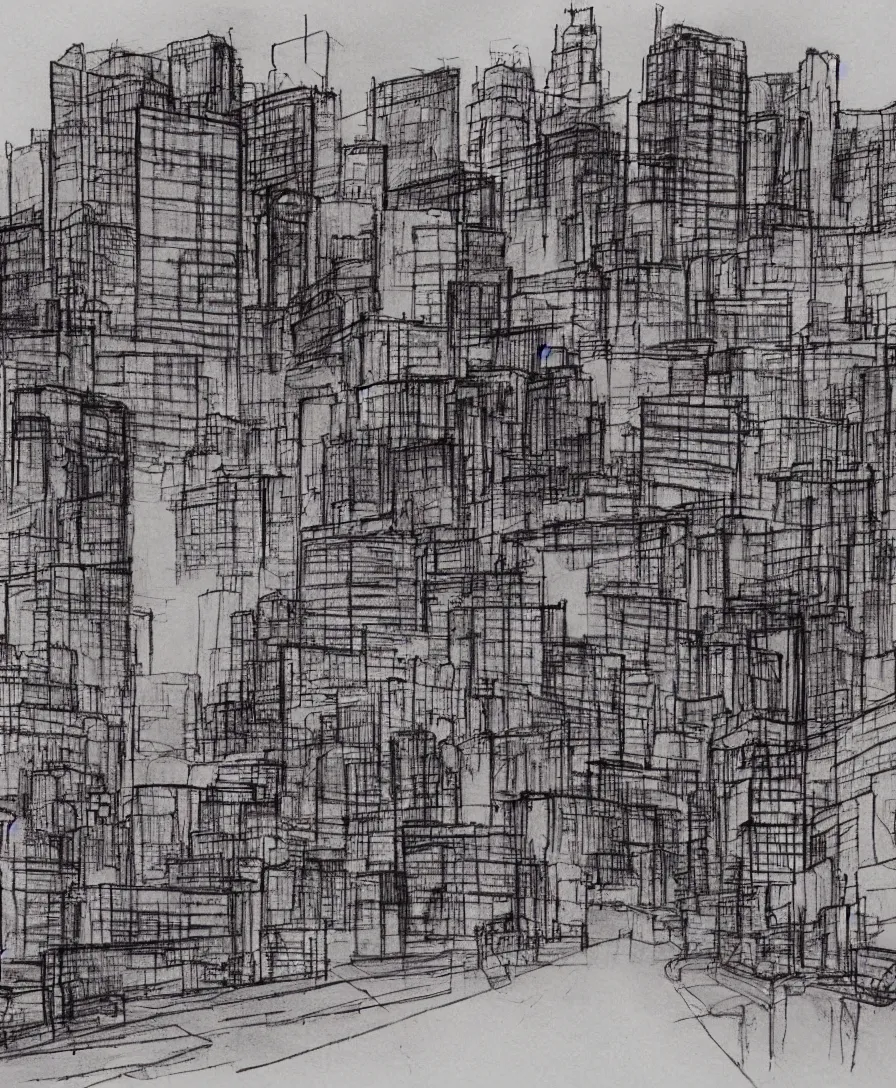 Image similar to charcoal pen and ink red dusty concept art urban landscape