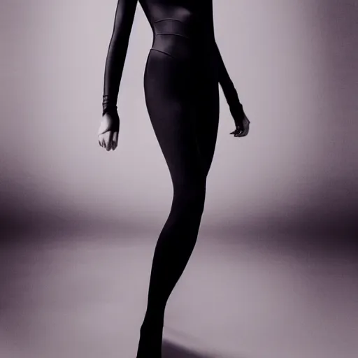 Image similar to professional mid shot photograph of fashion model gal gadot wearing black suit by reza nia, nick knight, amy judd, jil sander minimal romantic heavenly elite style, posed, beautiful, studio, studio lighting, flat neutral tone, sharp focus, 8 k, very fine detail, stunning matte painting