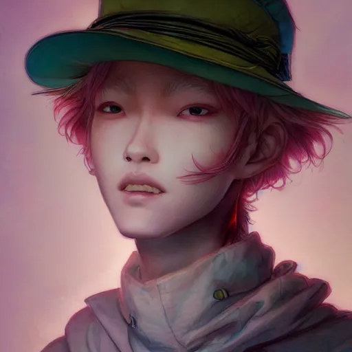 Image similar to prompt : epic hat character portrait soft light painted by james jean and katsuhiro otomo and erik jones, inspired by evangeleon anime, smooth face feature, intricate oil painting, high detail illustration, sharp high detail, manga and anime 1 9 9 9