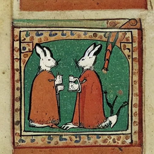 Prompt: medieval book illustration of two rabbits playing chess