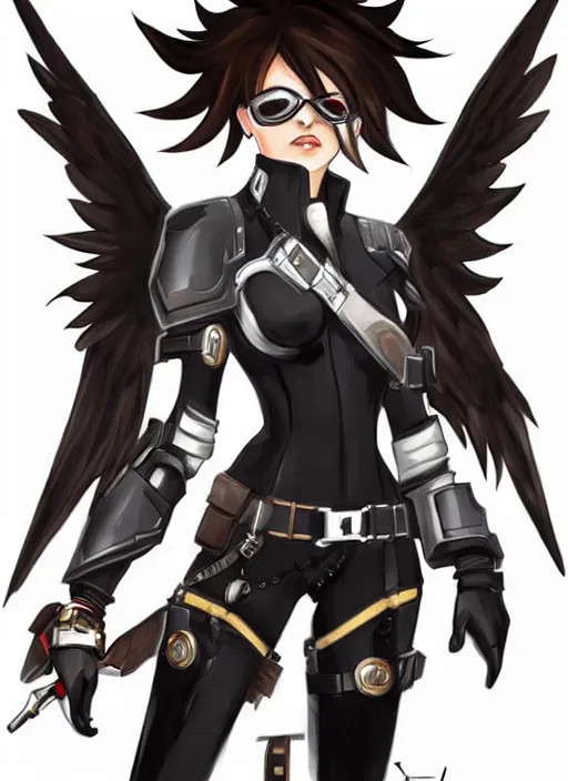 Image similar to full body artwork of tracer overwatch wearing leather collar, angel wings, dramatic painting, symmetrical composition, wearing detailed leather collar, black shiny armor, chains, black harness, detailed face and eyes,