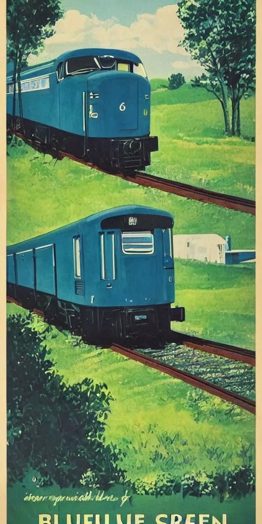 Prompt: blue and green train in the country, vintage retro poster,