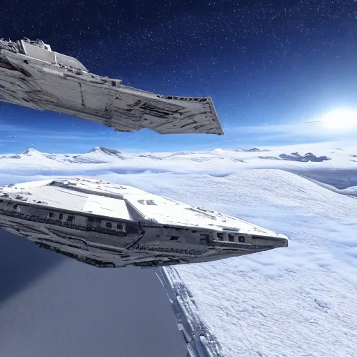 Prompt: star destroyer flying over snow from star wars movies, 4k ultra realistic, unreal engine 5 quality