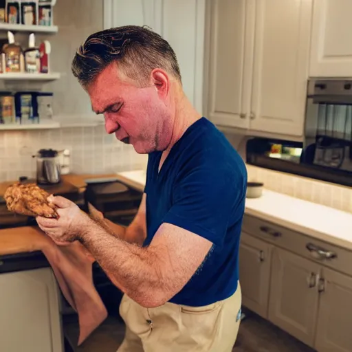 Prompt: an irish middle aged gentleman with brown moptop hair and red cheeks is doing the chicken dance in his kitchen. he is clean shaven. he is wearing a dark blue tshirt and khaki shorts. he holds his arms out like they are chicken wings and dances animatedly. he has no beard or moustache.