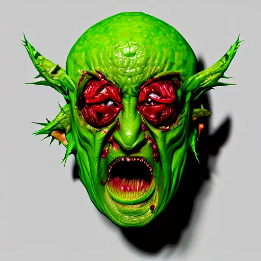 Image similar to a face made of brussels sprouts, horror, terrifying, demon, blood, pointy ears, 8 k, trending on artstation, 8 0 mm photography, hyperrealistic