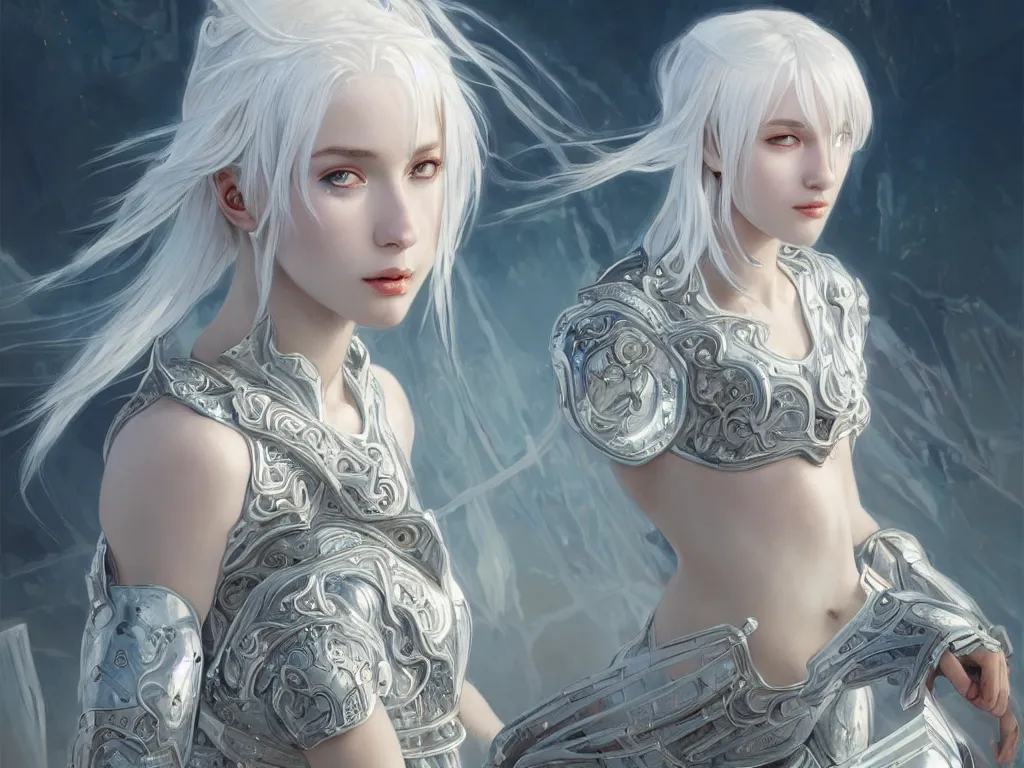 Prompt: portrait white hair knights of zodiac girl, sliver ice color reflected armor, in ruined agora of athens sunrise, ssci - fi and fantasy, intricate and very very beautiful and elegant, highly detailed, digital painting, artstation, concept art, smooth and sharp focus, illustration, art by tian zi and wlop and alphonse mucha