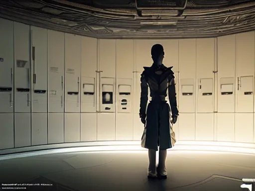 Image similar to high detailed porcelain android with details and decals in sci - fi server room. cinematic, intricate, elegant, by greg rutkowski, conrad roset, takato yomamoto, james jean, rule of thirds, seductive look. octane render from odyssey 2 0 0 1 by stanley kubrick and mendosa