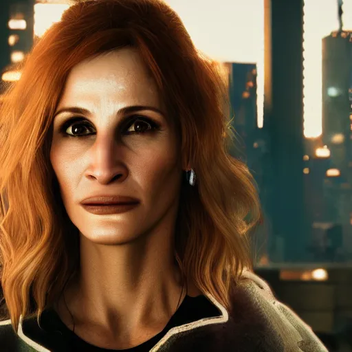 Image similar to julia roberts portrait, cyberpunk 2 0 7 7, cyberpunk v, rogue amendiares, photorealistic, ultra detailed, neon, octane, bokeh, cinematic lighting, cyber, cyberpunk city, studio quality, feature, scars, cyberface, 8 k