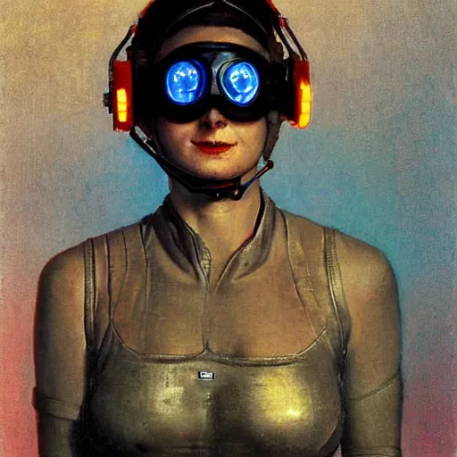 Prompt: portrait of a cyberpunk woman with helmet and glowing goggles, by norman rockwell