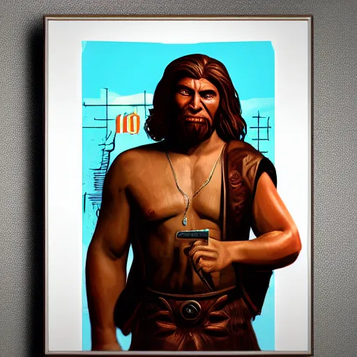 Image similar to saint homo neanderthalis portrait poster with book of science on his right hand, gta chinatown wars art style, bioshock infinite art style, hyperrealistic, rgba colors, remove duplicate content, justify contents center.