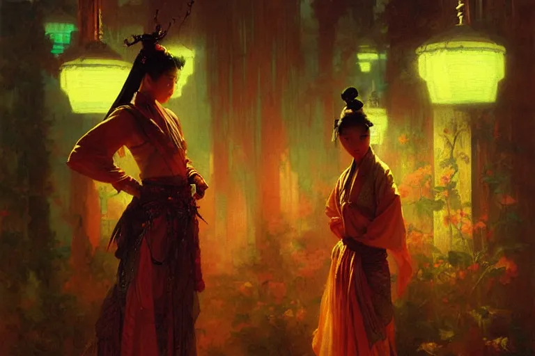 Image similar to wuxia, neon light, painting by gaston bussiere, craig mullins, j. c. leyendecker