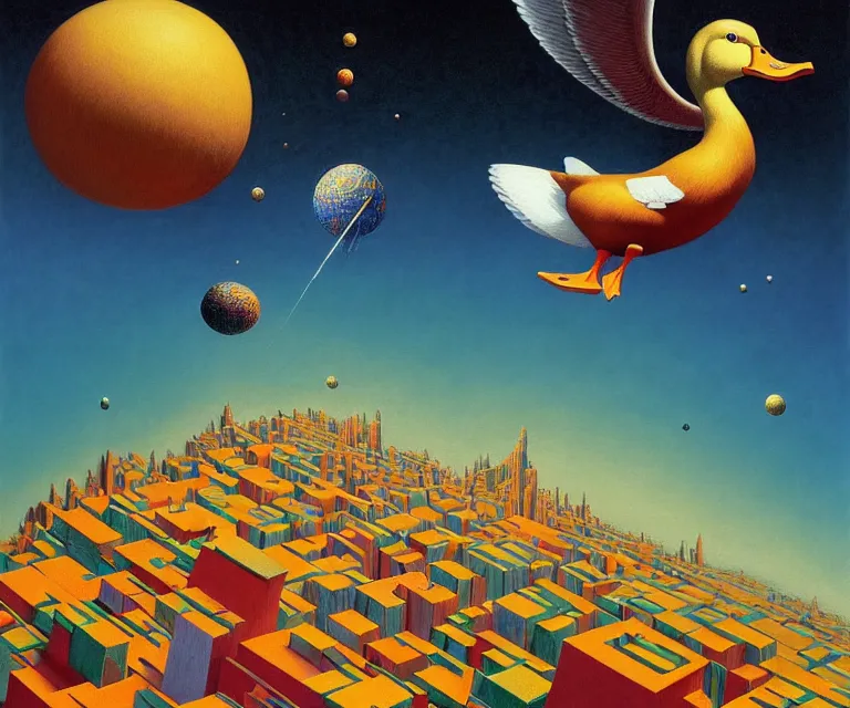 Image similar to hyper detailed 3d render like a Oil painting - a cartoon duck launching itself far above the earth into deep space, by Jacek Yerka, Mariusz Lewandowski, Houdini algorithmic generative render, Abstract brush strokes, Masterpiece, Edward Hopper and James Gilleard, Zdzislaw Beksinski, Mark Ryden, Wolfgang Lettl, hints of Yayoi Kasuma, octane render, 8k